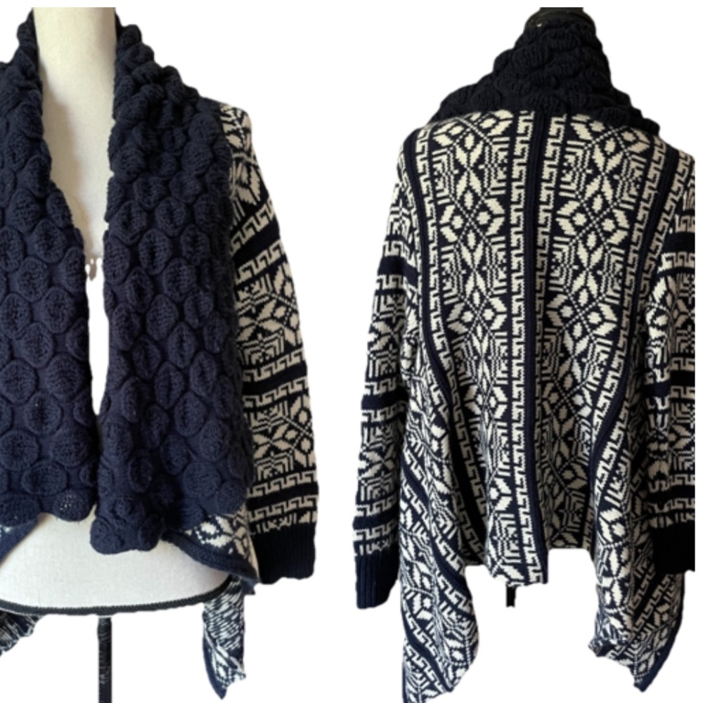Cliche 30% Wool Blend Crochet Knit Textured Open Front Cardigan Blue washable S